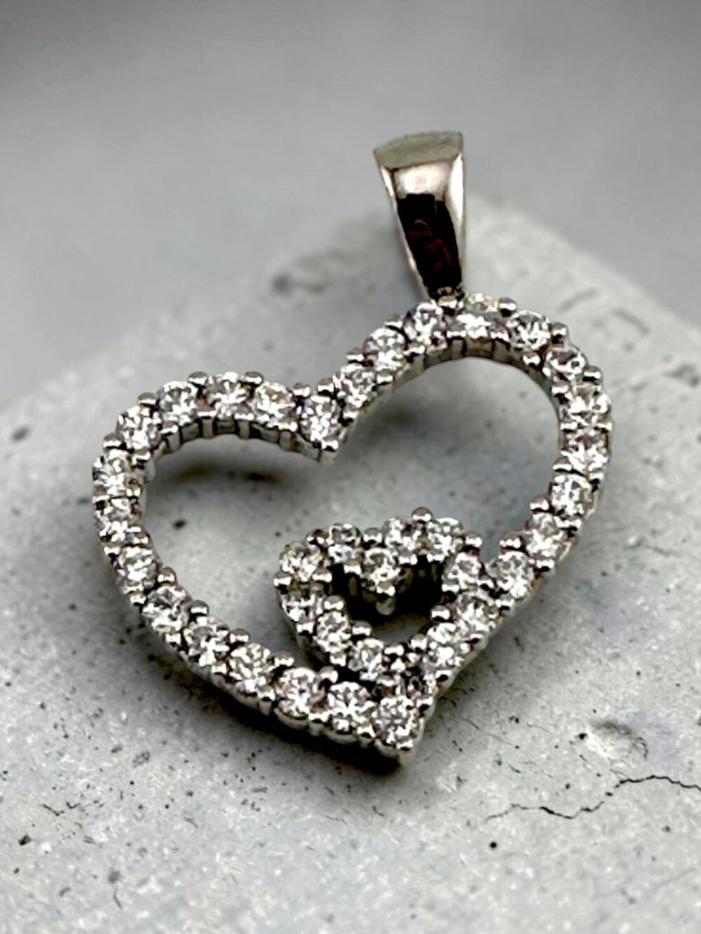 Vintage Silver Double Heart Pendant Sterling Silver Sparkling CZ Open Heart 1"